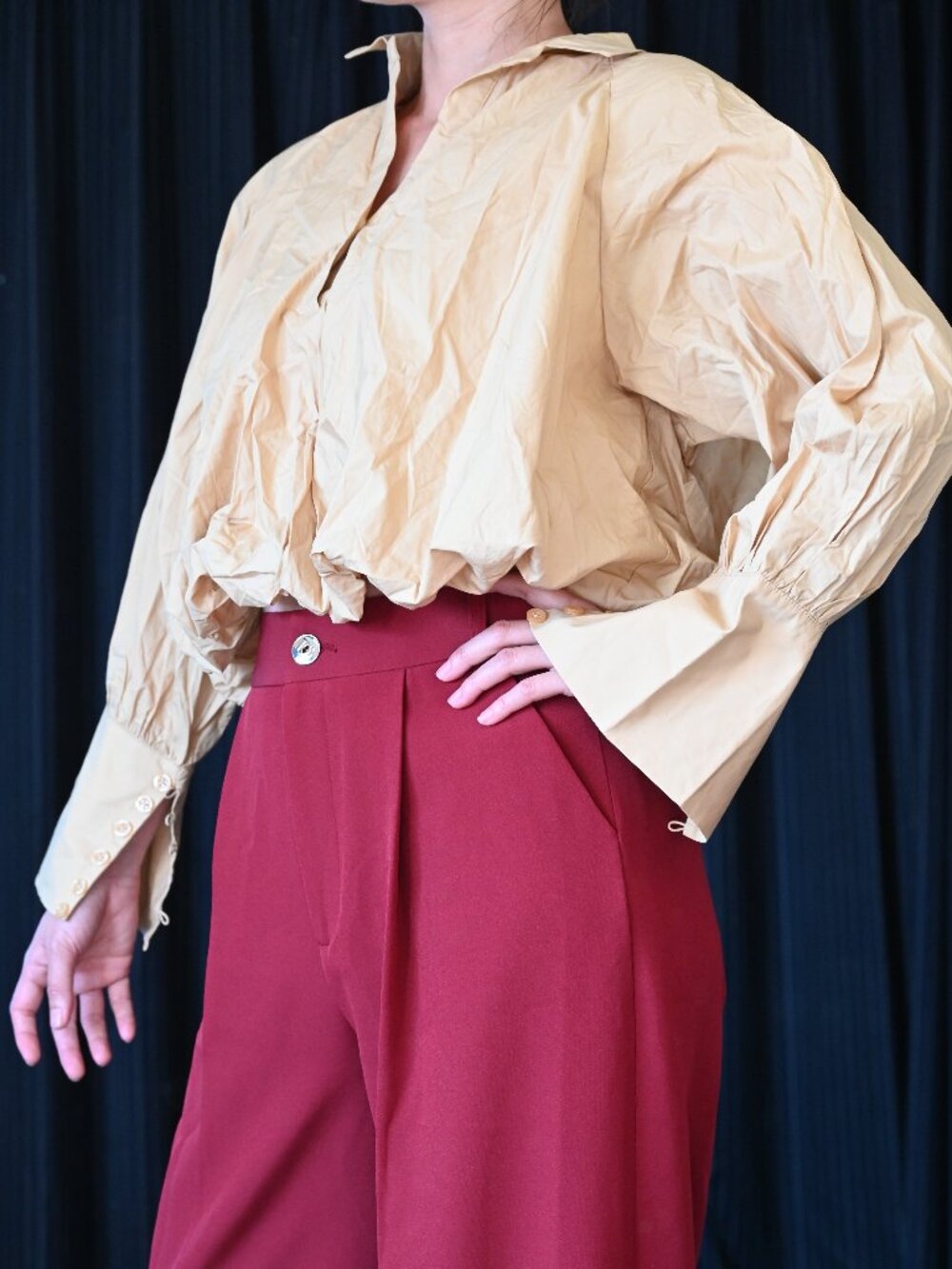 Cropped Button Down Beige Top / Avant Garde Balloon Sleeve